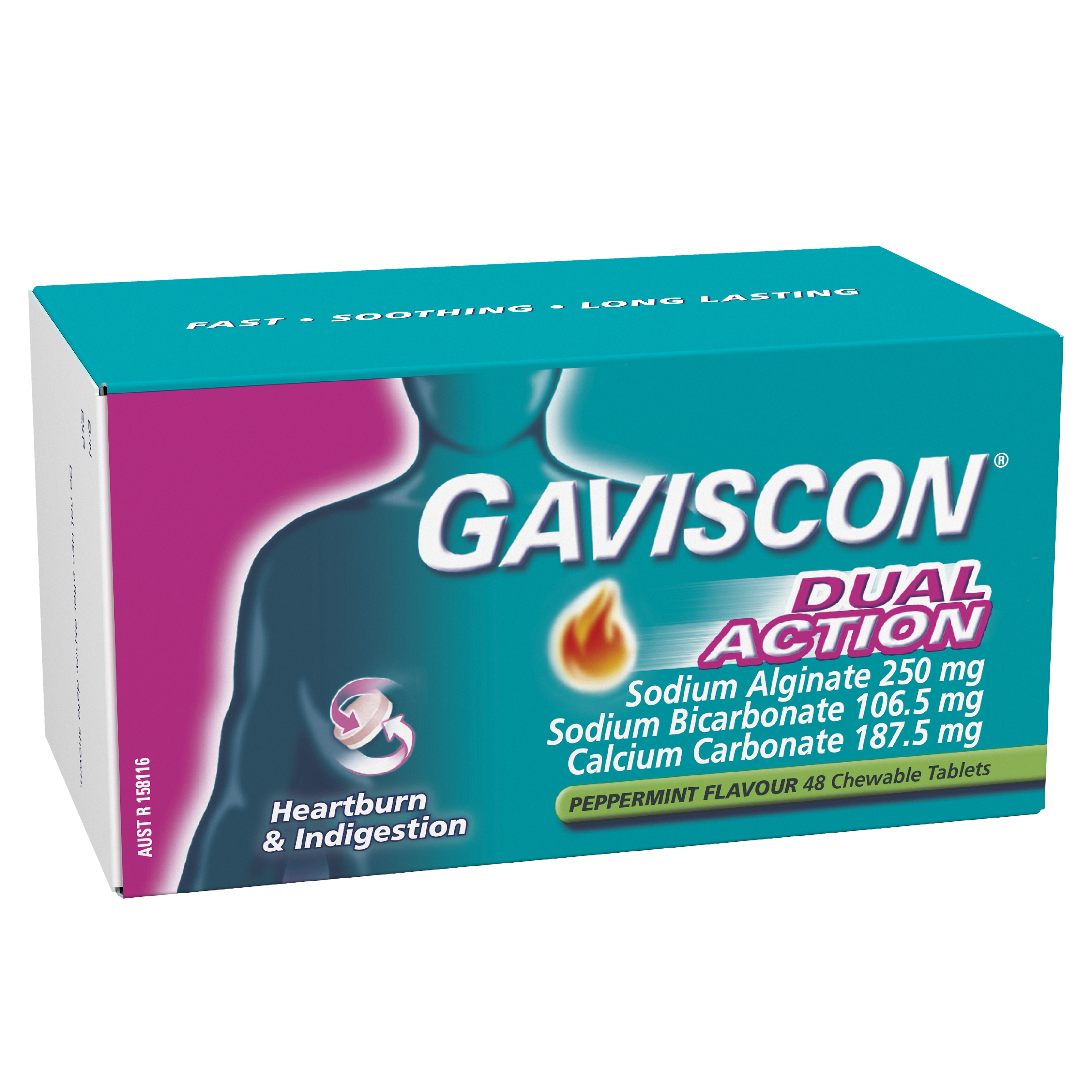 GAVISCON DUAL ACTION PEPPERMINT 48 TABLETS
