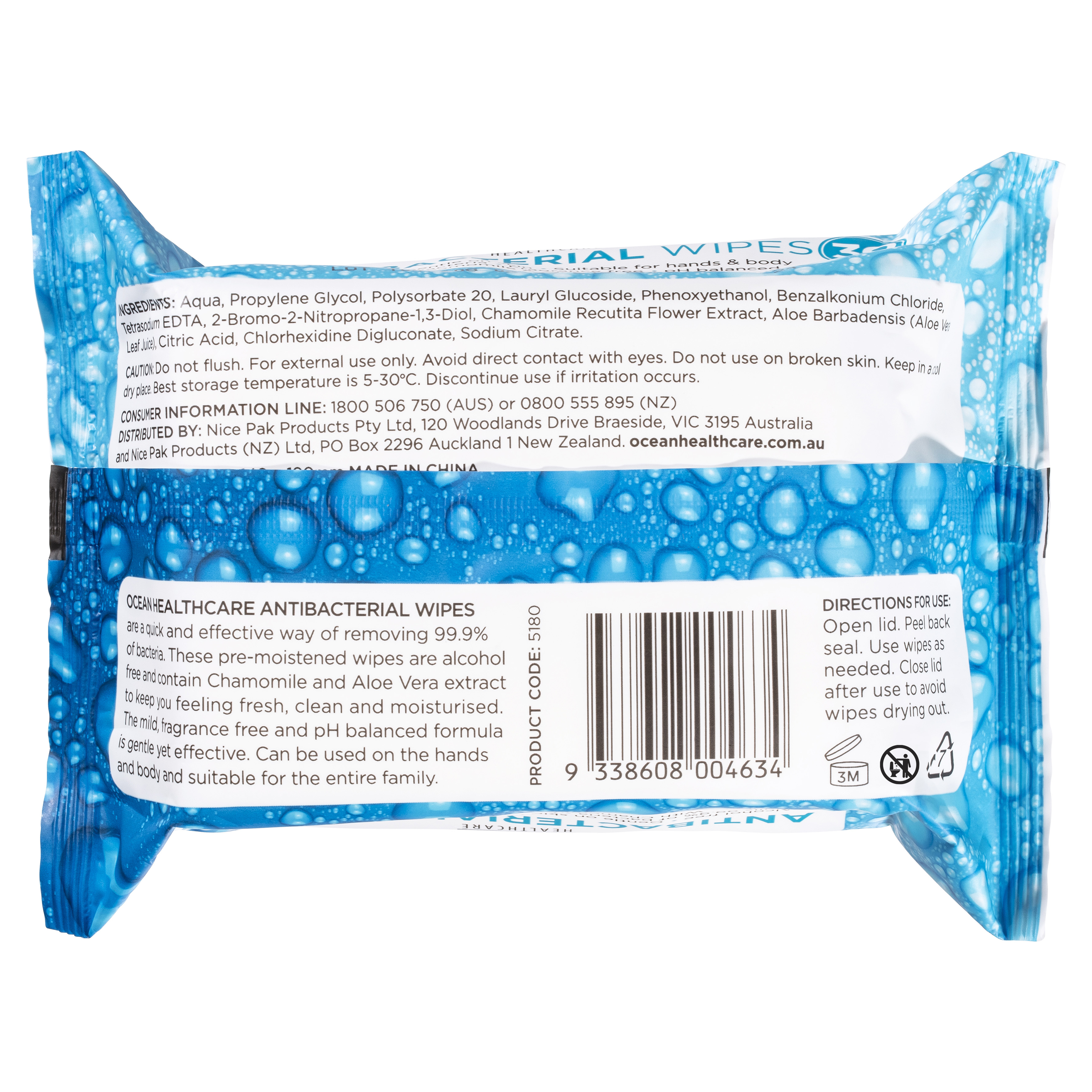 OCEAN HEALTHCARE ANTIBACTERIAL WIPES FRAGRANCE FREE 30 PACK - Image 2