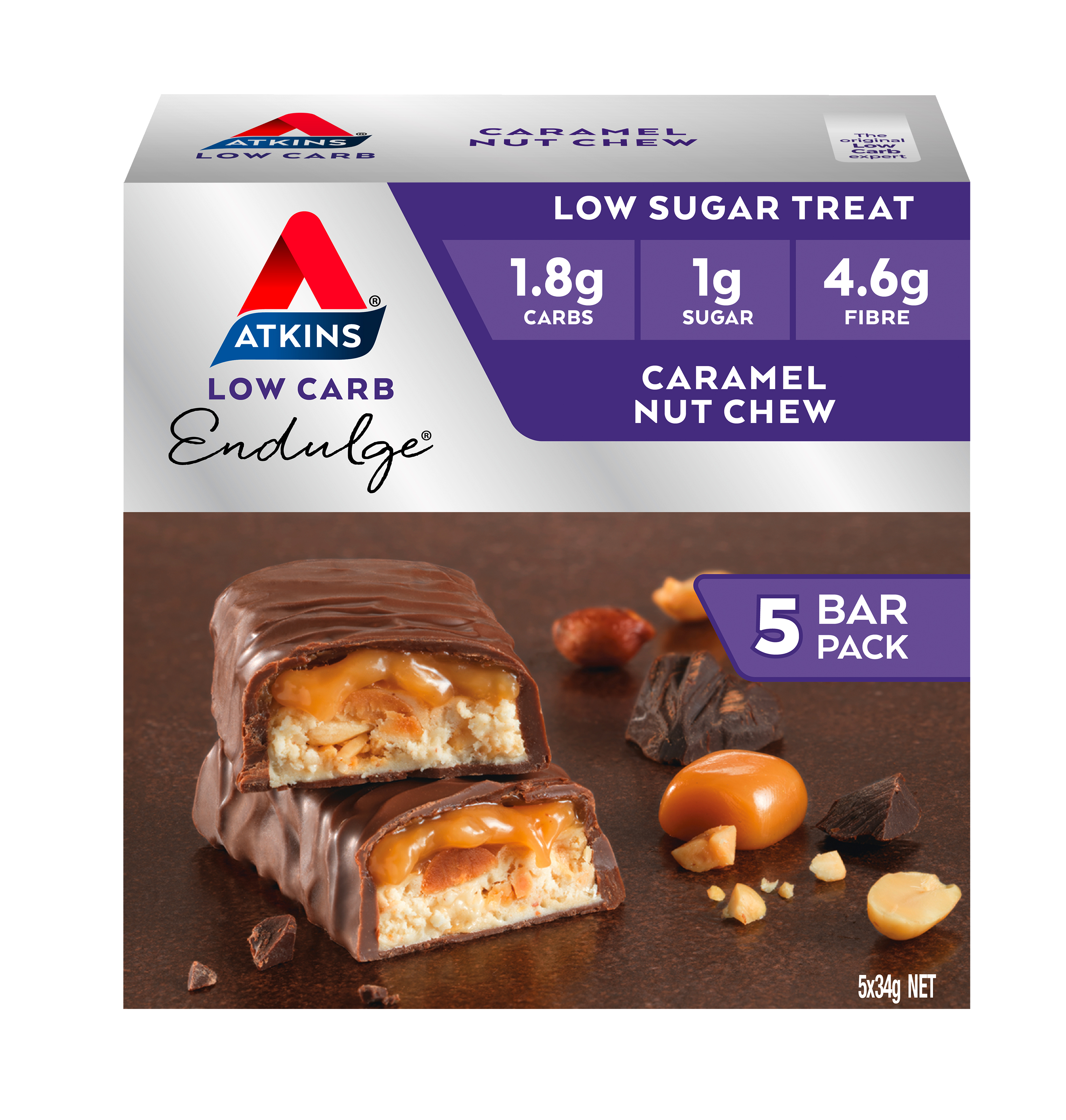 ATKINS ENDULGE CARAMEL NUT CHEW BARS 34G 5 PACK