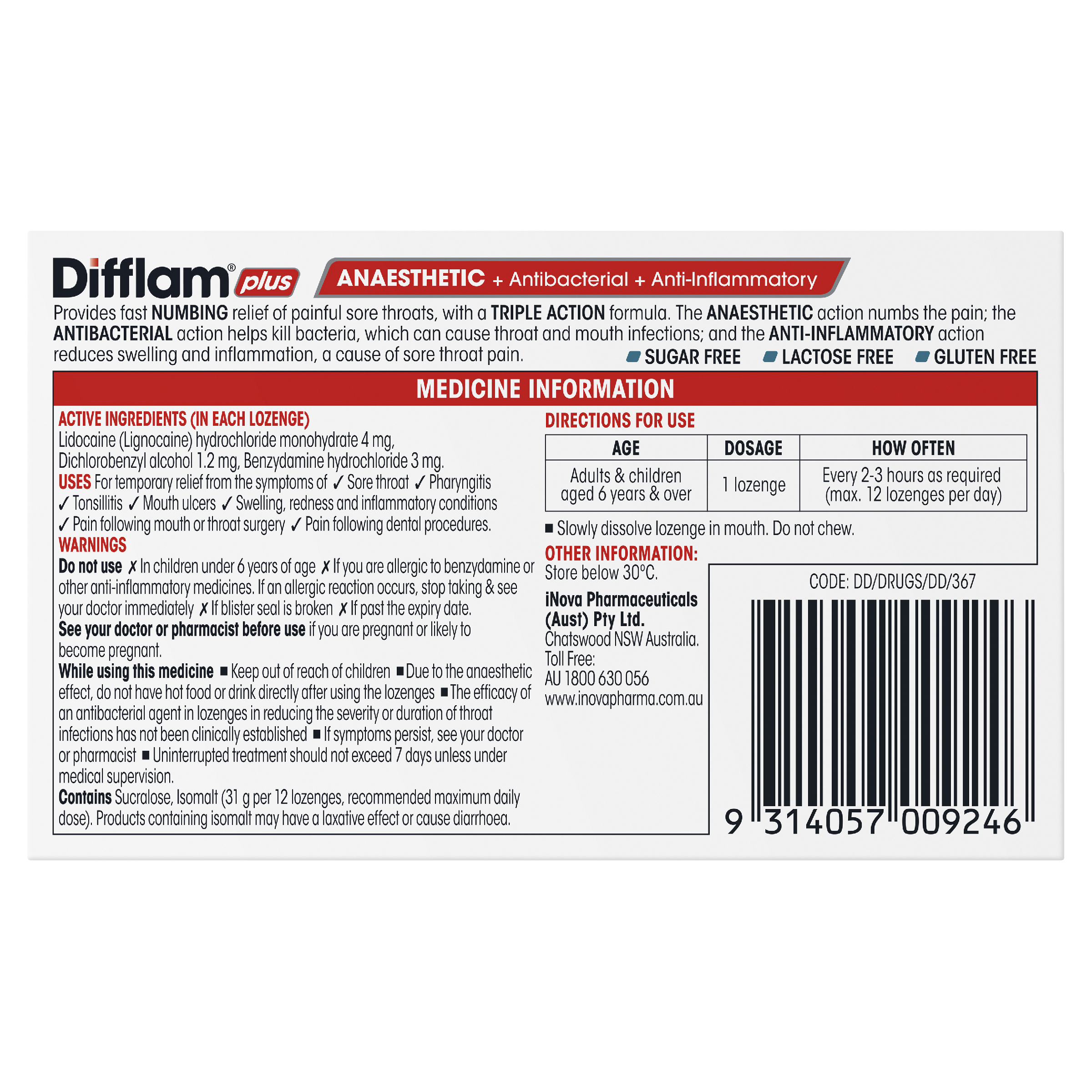 DIFFLAM PLUS ANAESTHETIC EUCALYPTUS MENTHOL THROAT 16 LOZENGES - Image 4