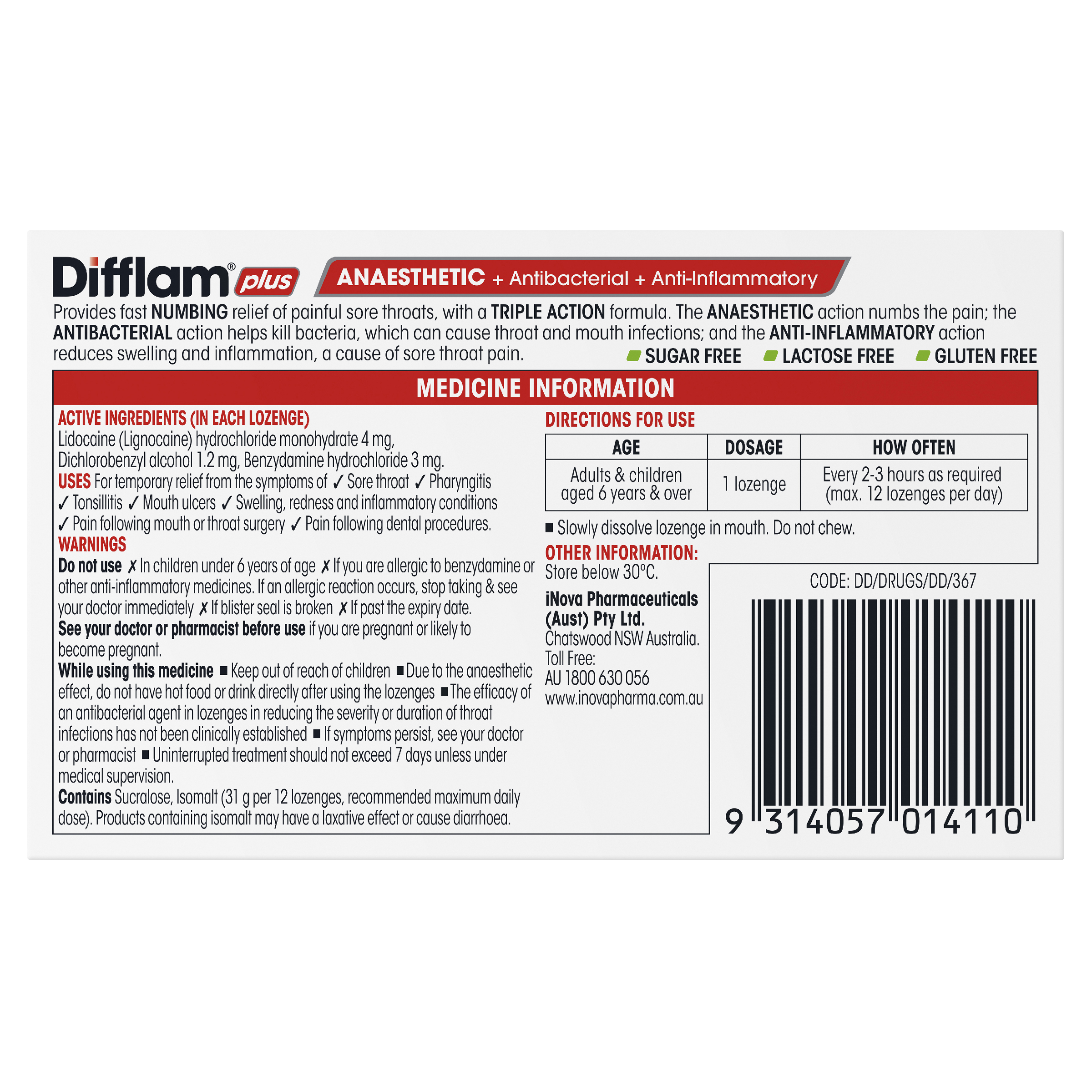 DIFFLAM PLUS ANAESTHETIC PINEAPPLE LIME THROAT 16 LOZENGES - Image 4