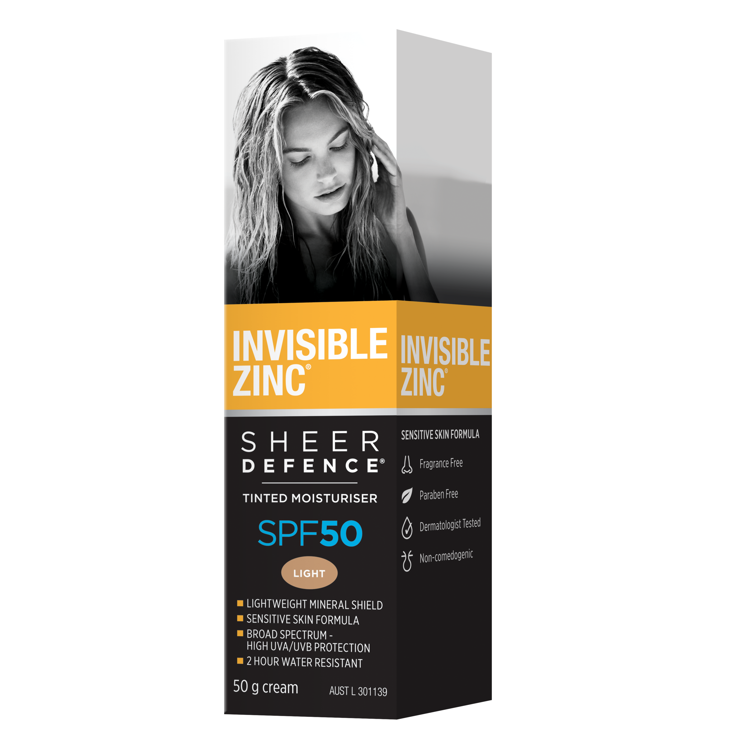 INVISIBLE ZINC SHEER DEFENCE TINTED LIGHT SUNSCREEN SPF50+ 50G