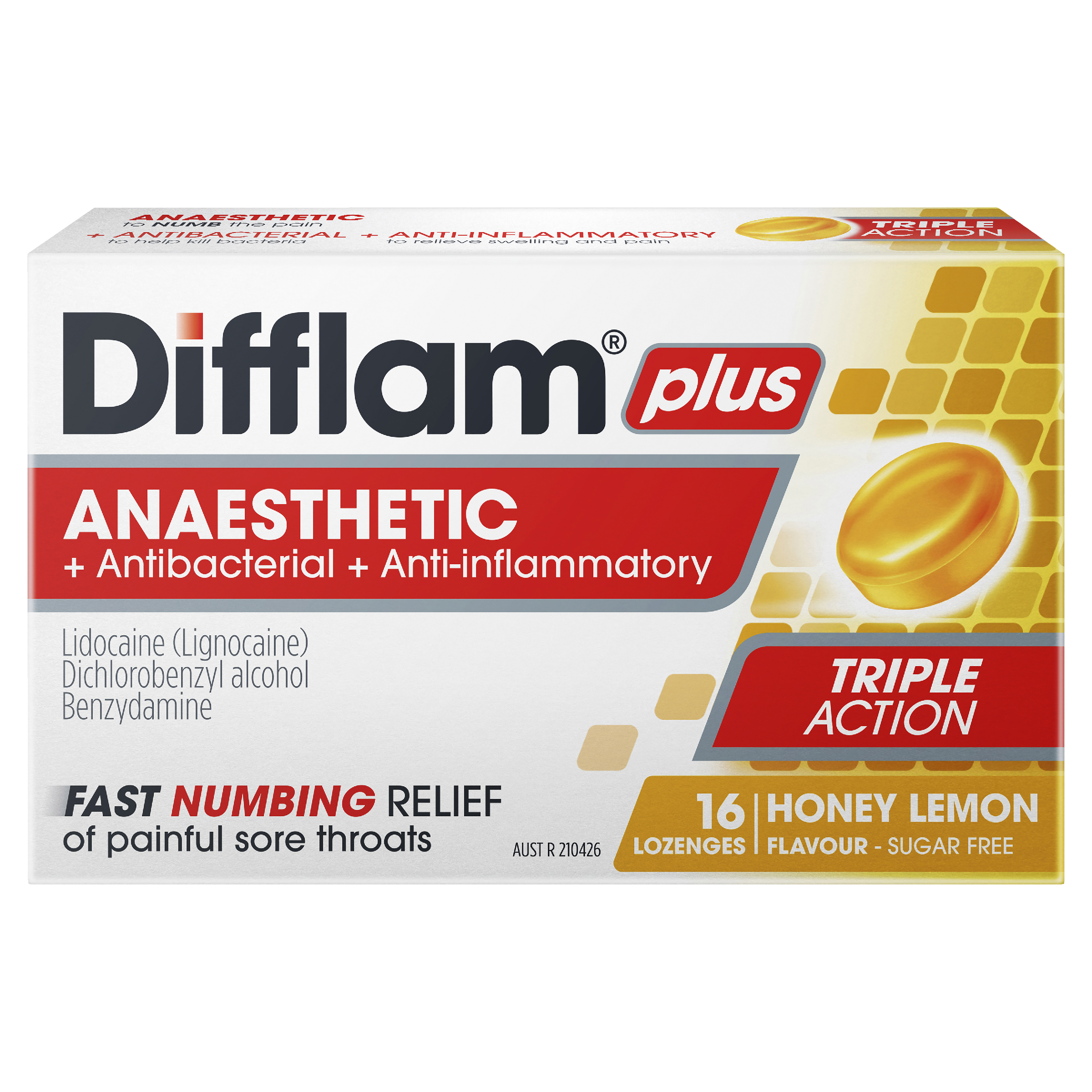 DIFFLAM PLUS ANAESTHETIC HONEY & LEMON SUGAR FREE 16 LOZENGES - Image 2