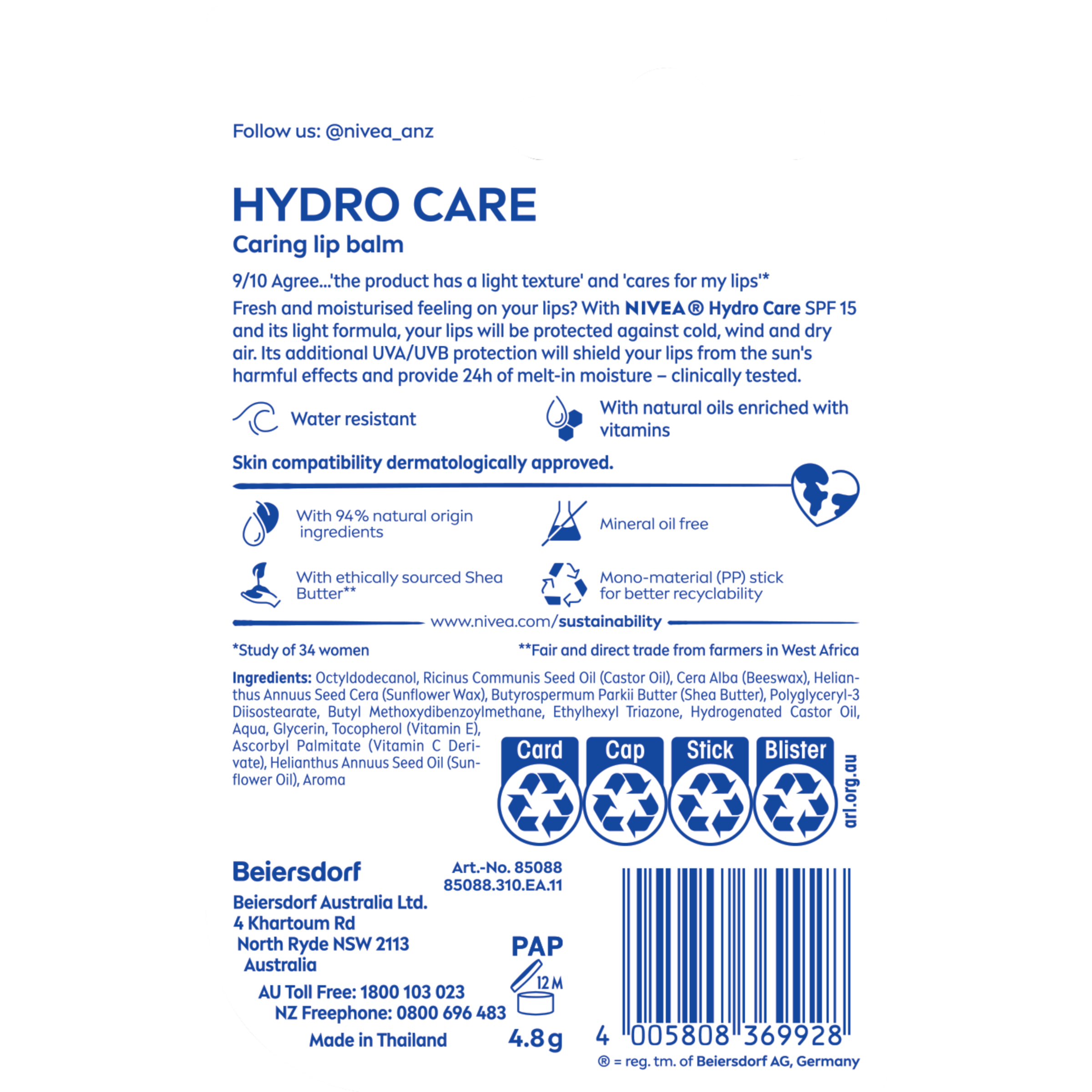 NIVEA LIP BALM STICK HYDRO CARE SPF15+ 4.8G - Image 2
