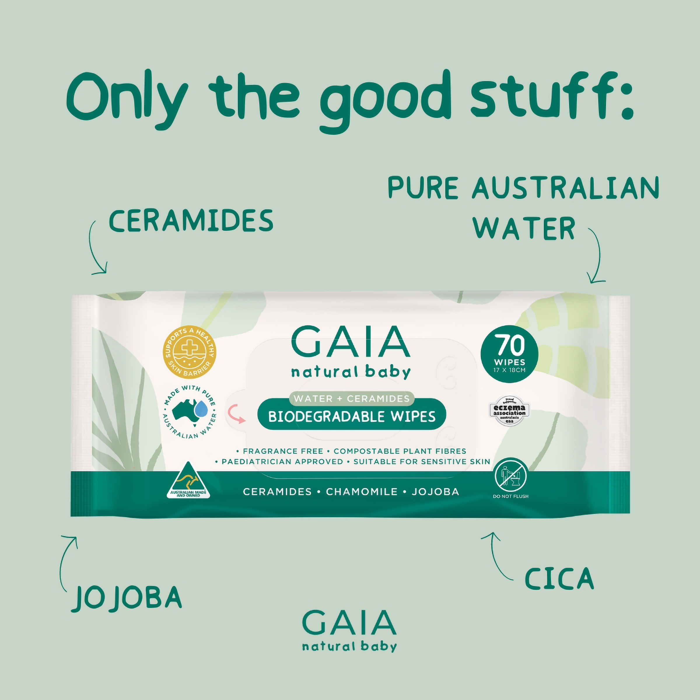 GAIA BABY WIPES NATURAL BIODEGRADABLE WATER + CERAMIDES 70 PACK - Image 9