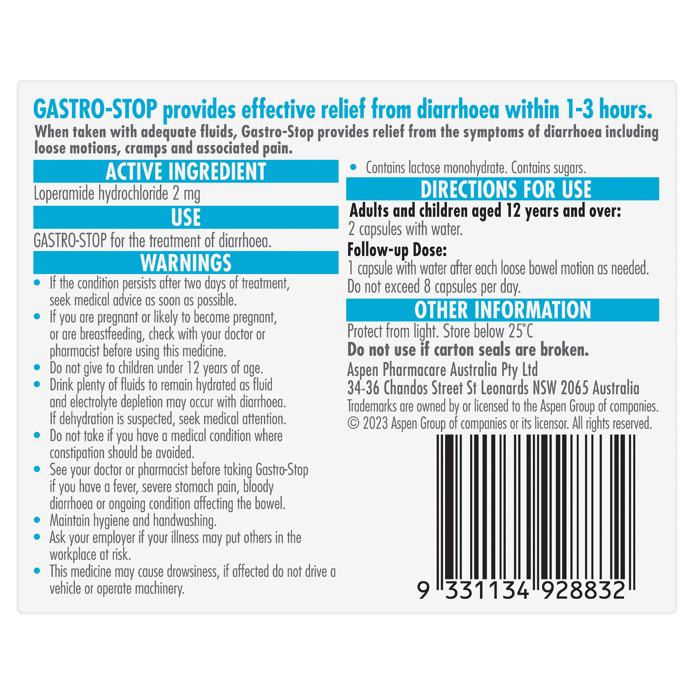 GASTRO-STOP DIARRHOEA RELIEF 2MG 20 CAPSULES - Image 4