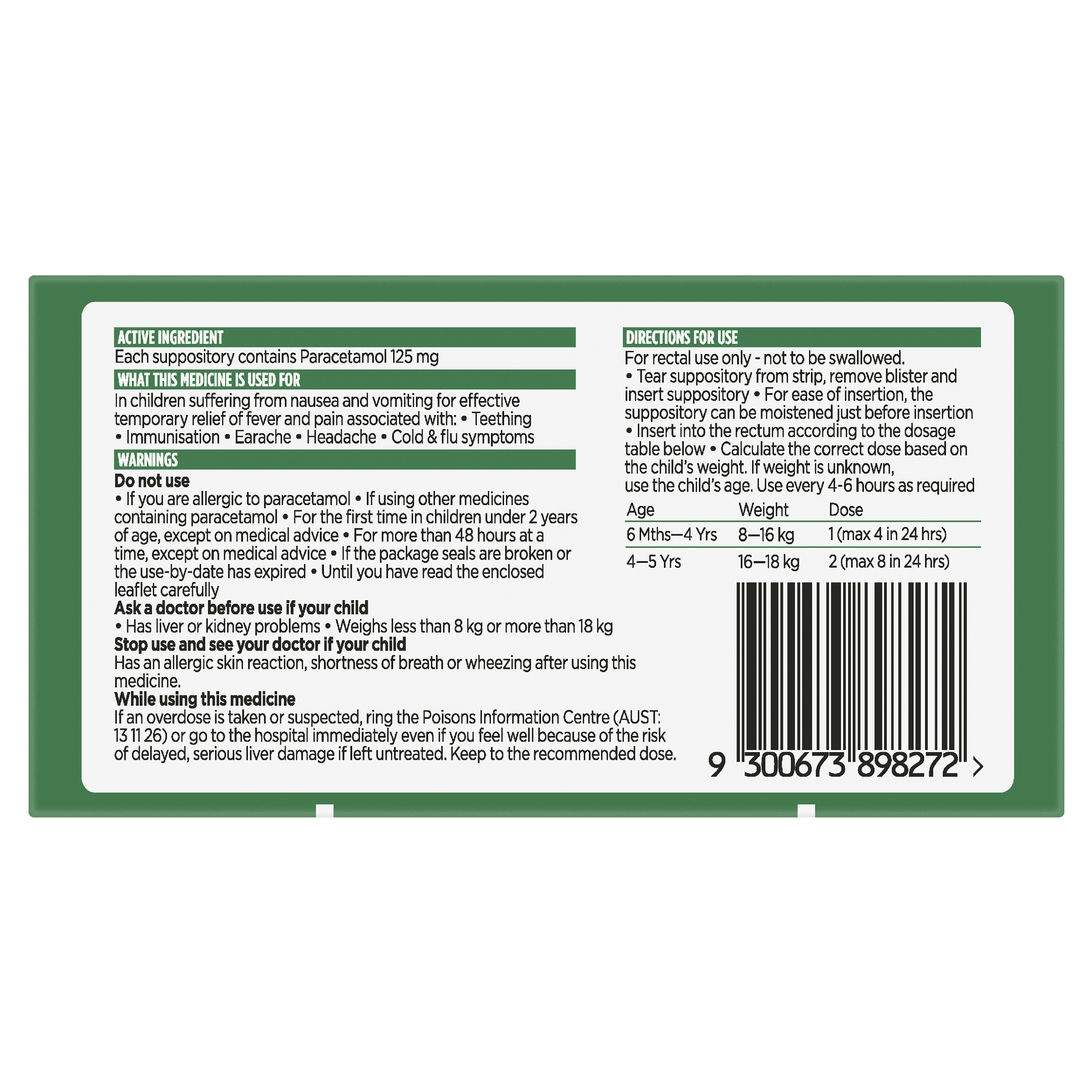PANADOL CHILDREN SUPPOSITORY 125MG 10 PACK - Image 4