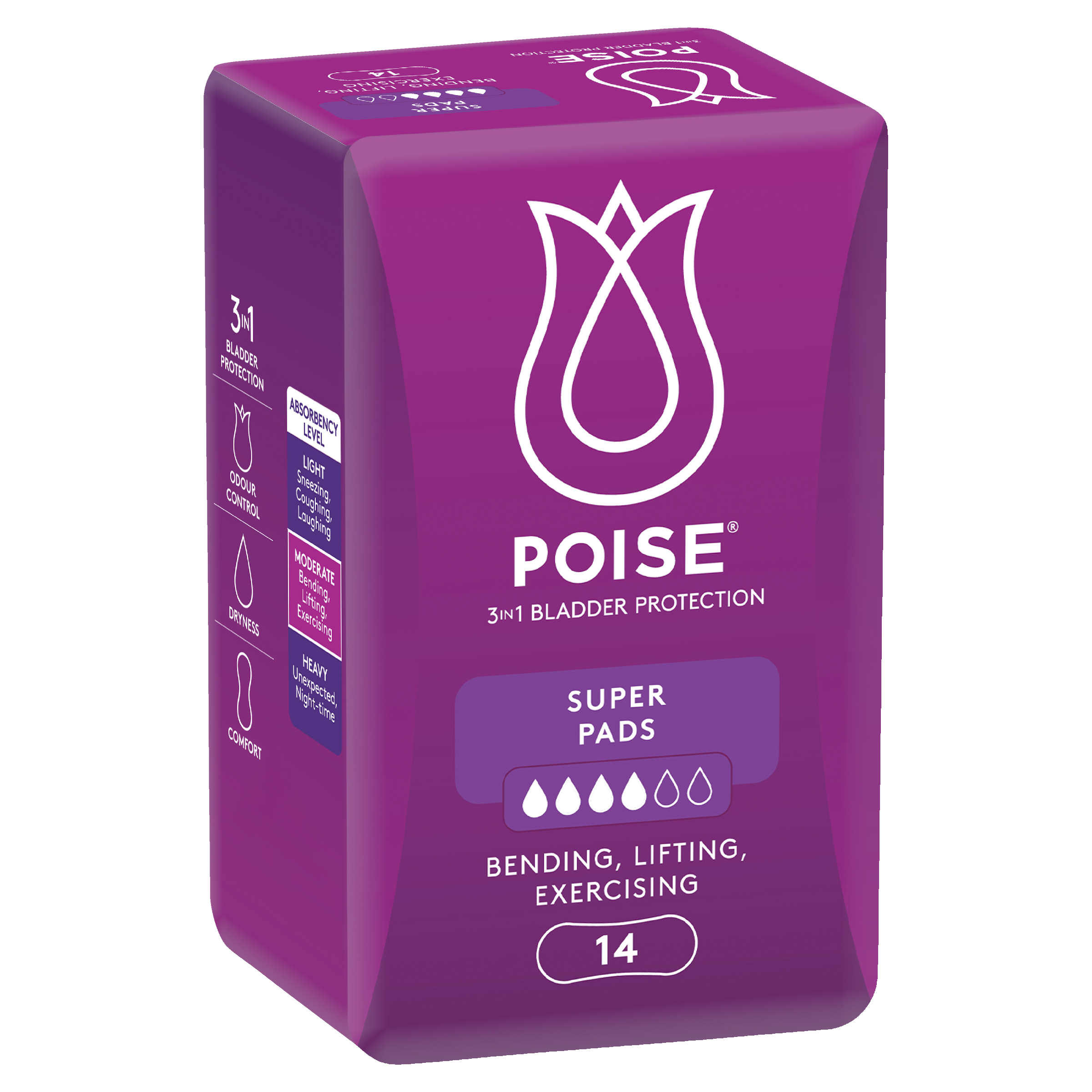 POISE 3-IN-1 PADS SUPER 4D 14 PACK