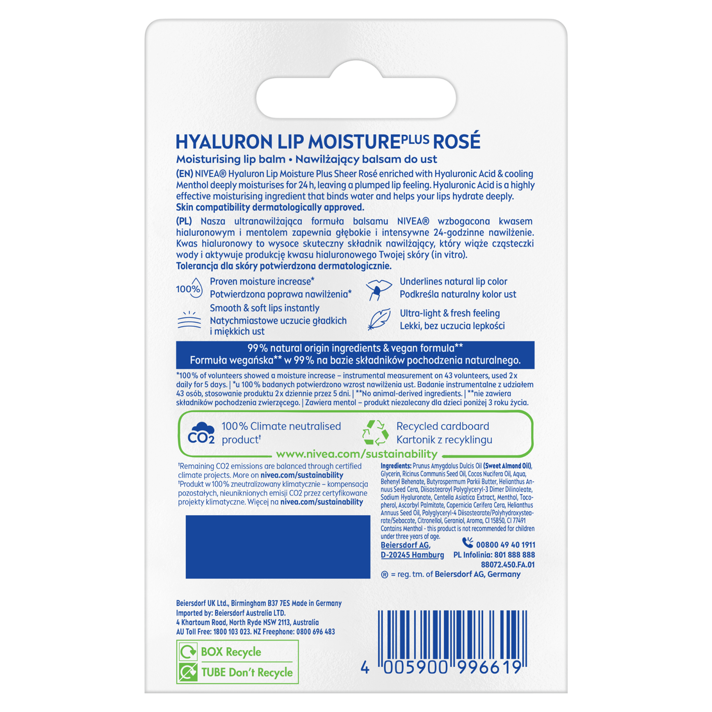 NIVEA LIP BALM STICK HYALURON PINK ROSE 5.2G - Image 2