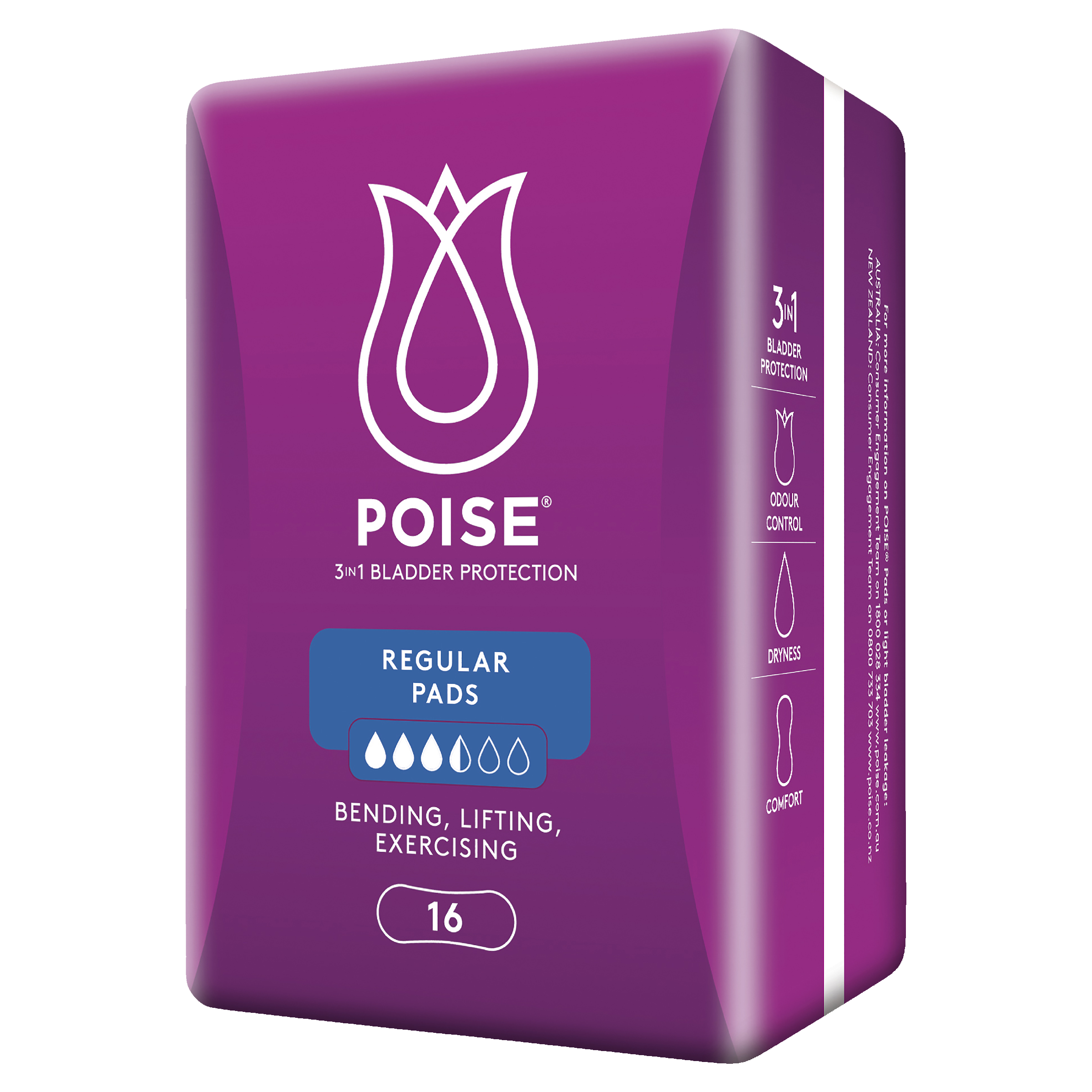 POISE 3-IN-1 PADS REGULAR 3.5D 16 PACK