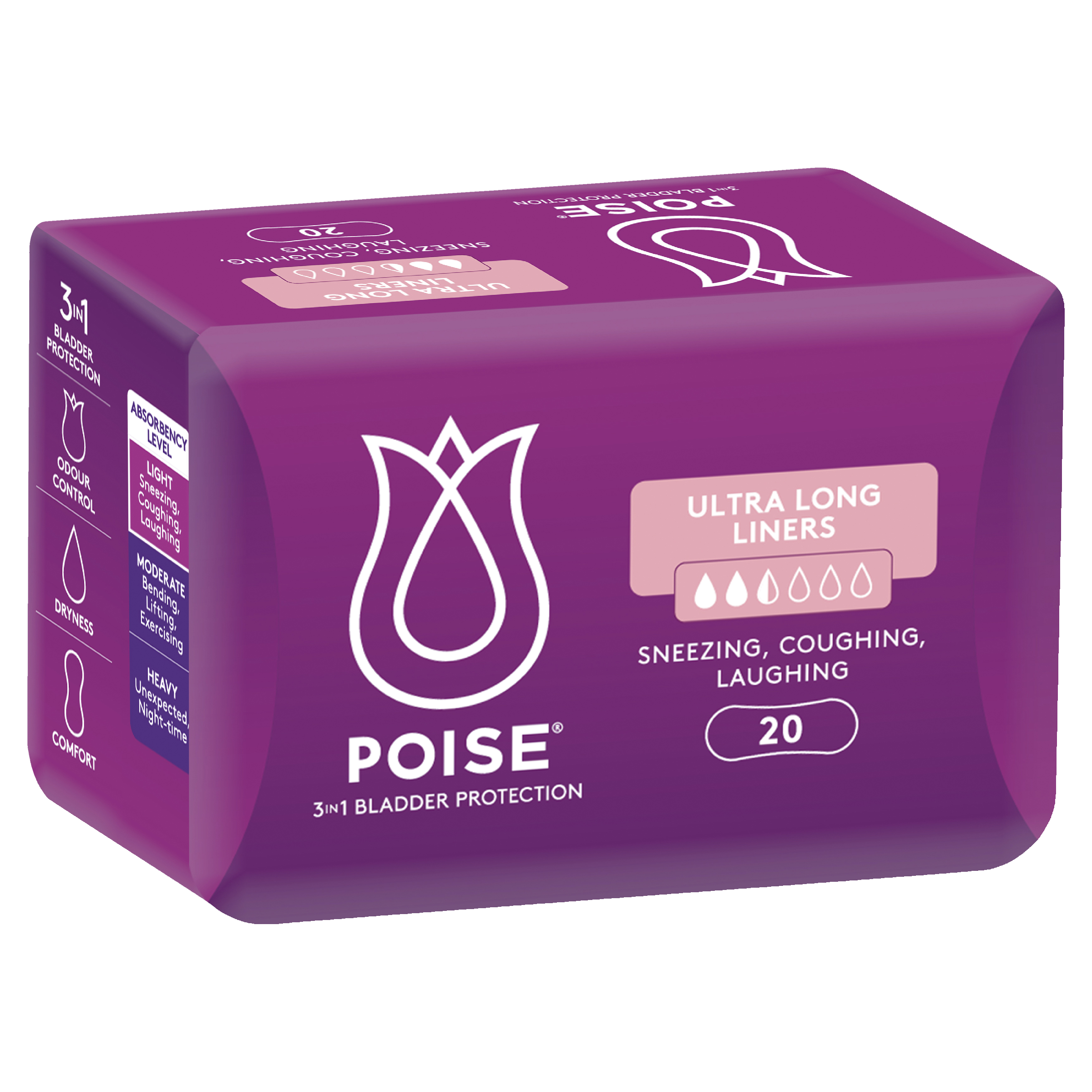 POISE 3-IN-1 LINER ULTRA LONG 2.5D 20 PACK