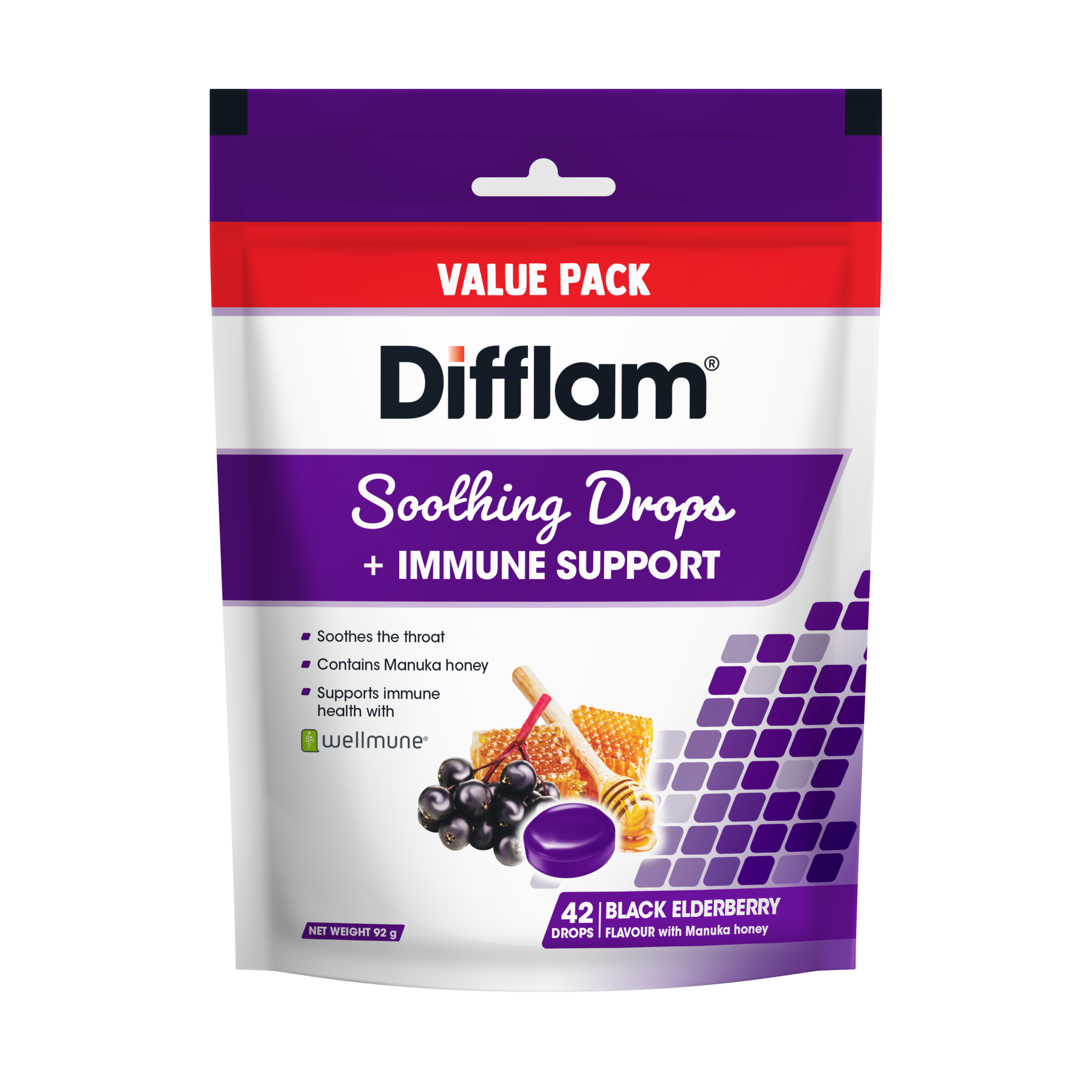 DIFFLAM SOOTHING DROPS + IMMUNE BLACK ELDERBERRY 42 LOZENGES