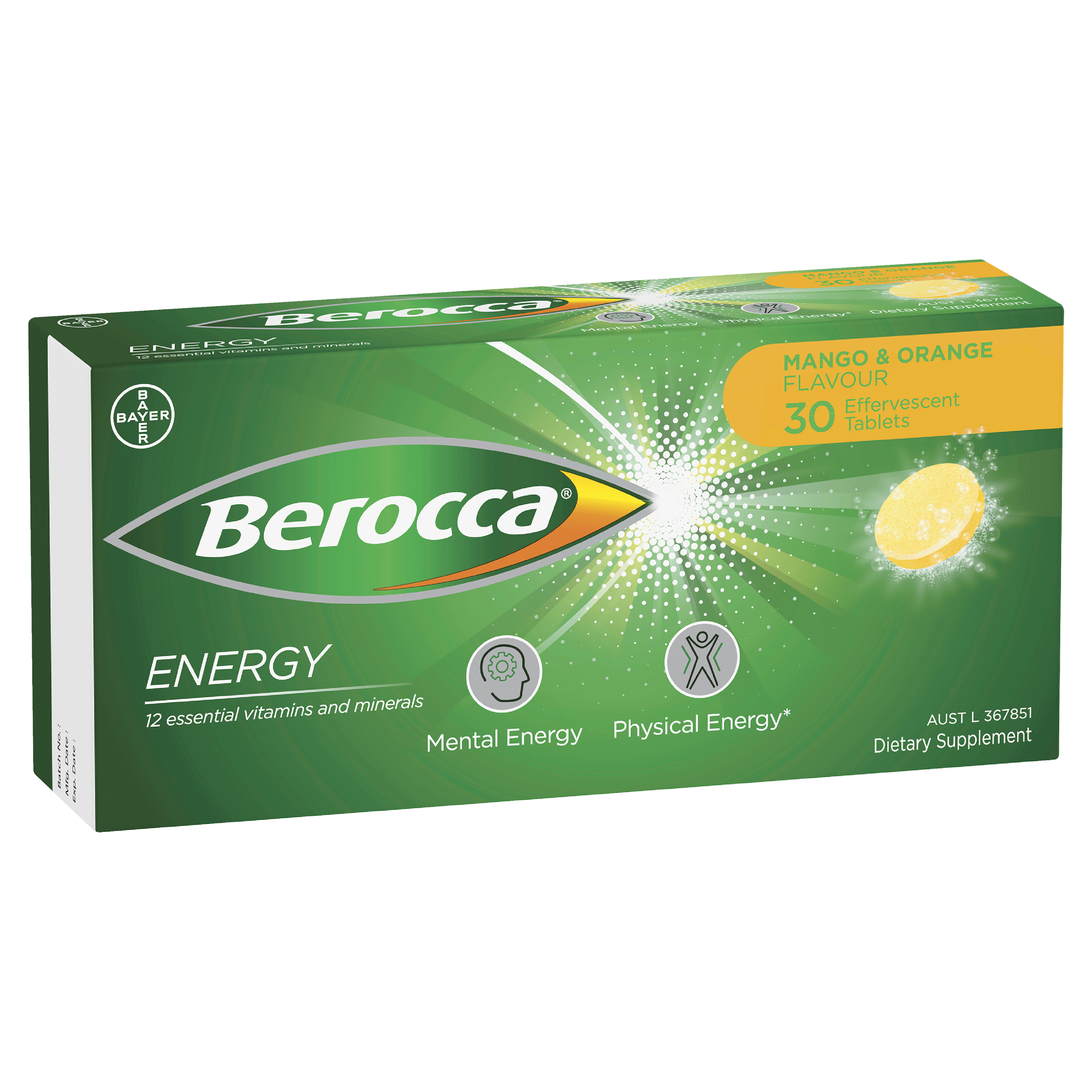 BEROCCA EFFERVESCENT MANGO AND ORANGE 30 TABLETS
