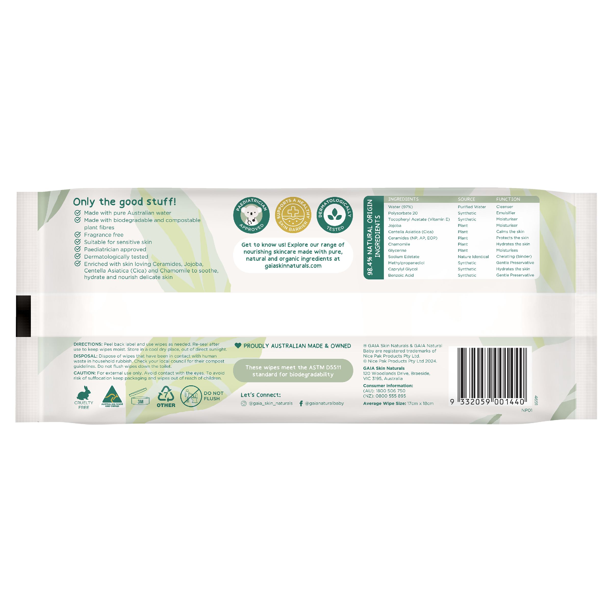 GAIA BABY WIPES NATURAL BIODEGRADABLE WATER + CERAMIDES 70 PACK - Image 2