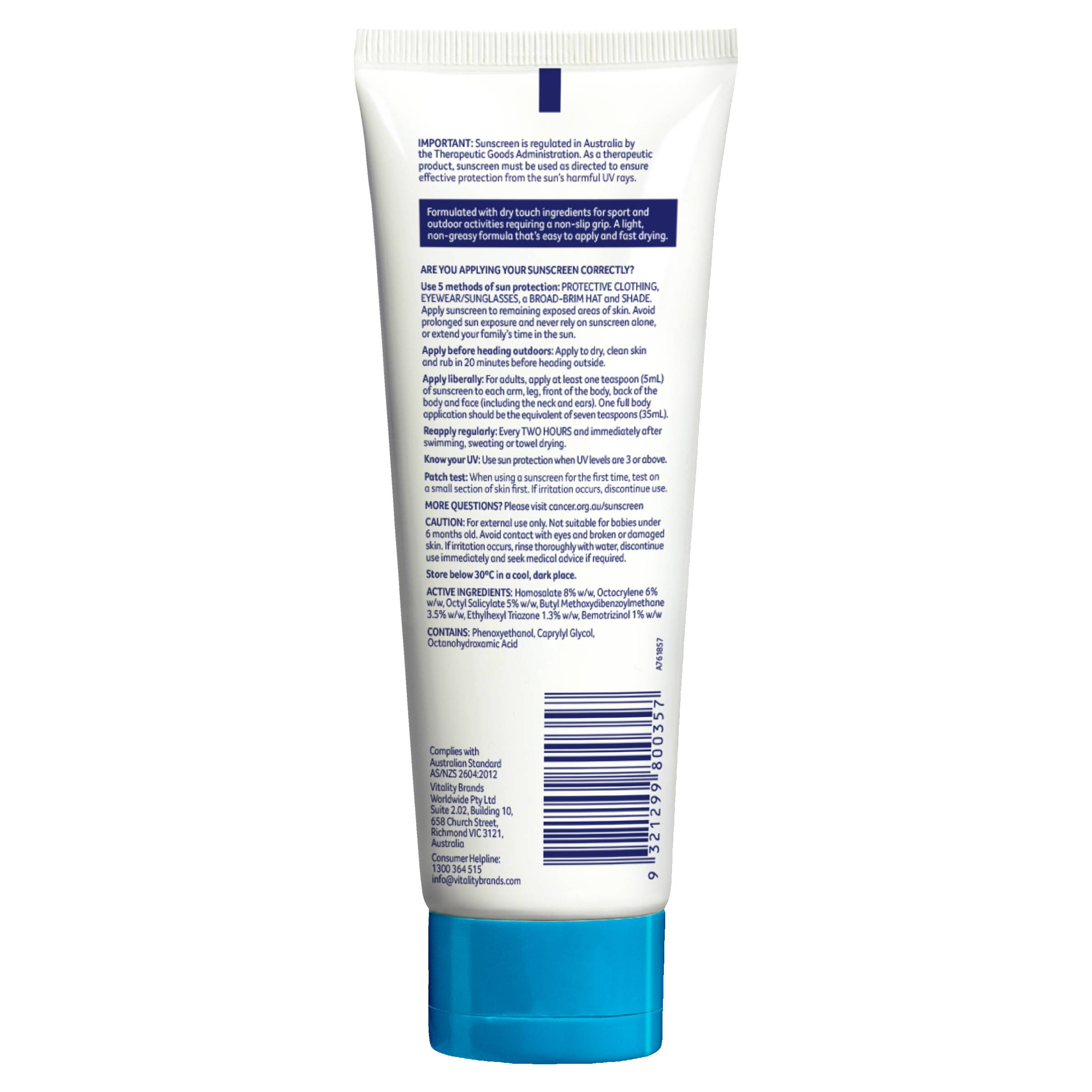 CANCER COUNCIL SPORT SUNSCREEN DRY TOUCH TUBE SPF50+ 110ML - Image 2